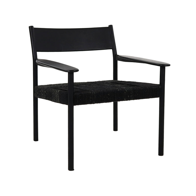 Black woven cord lounge chair with wood-look armrests, front three-quarter view
