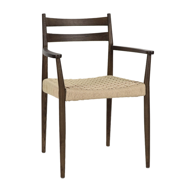 Walnut-colored dining chair with armrests and natural woven cord seat, front three-quarter view