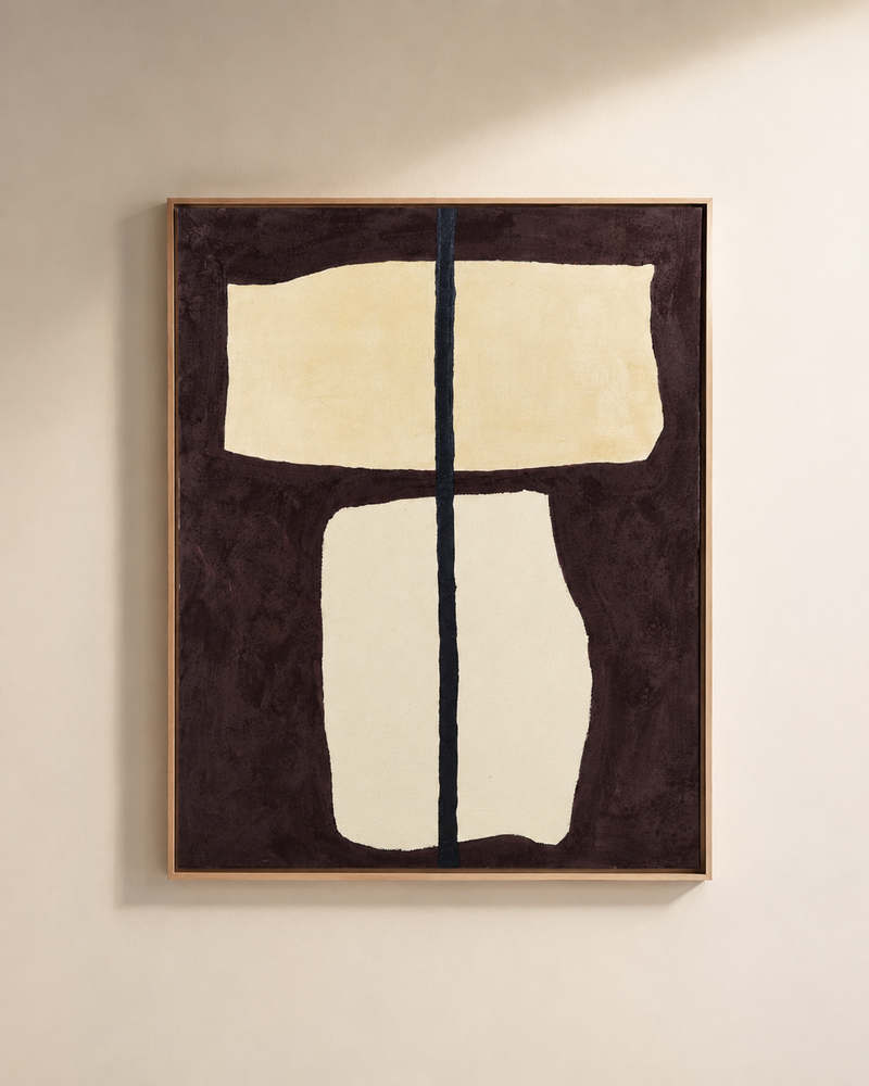 Abstract framed canvas painting with two cream organic shapes on a dark brown ground, split by a thin black vertical line, in an oak frame