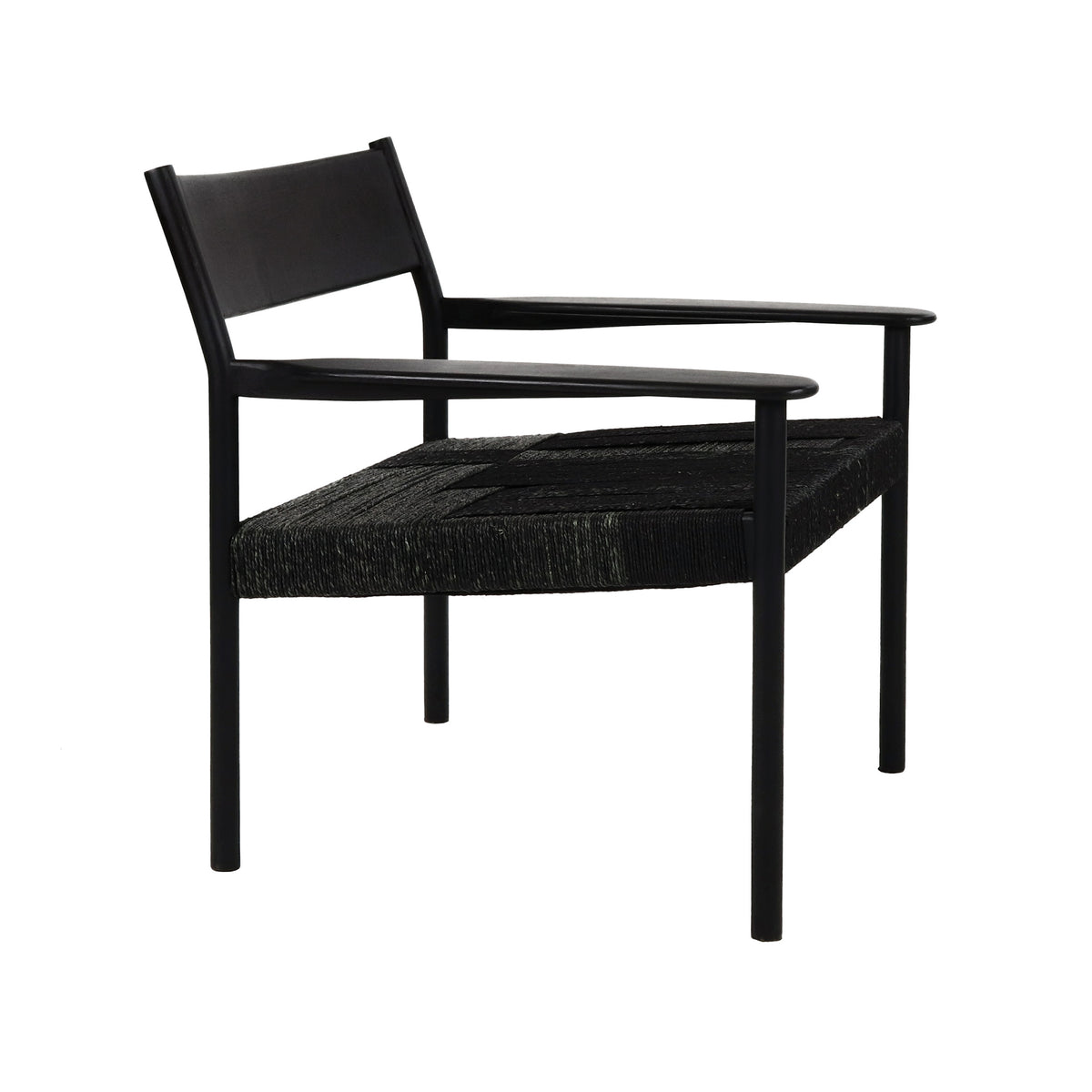 Black woven cord lounge chair, alternate front three-quarter angle