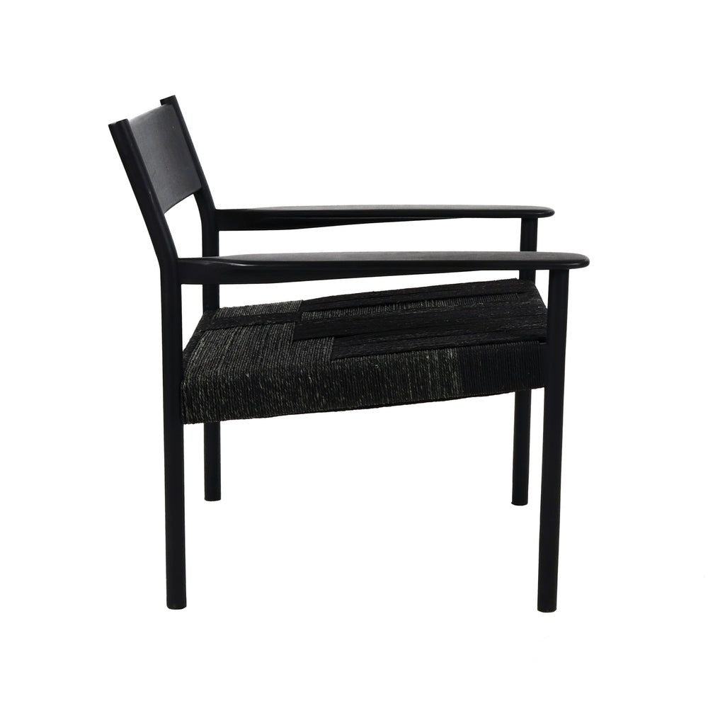 Black woven cord lounge chair, side profile view