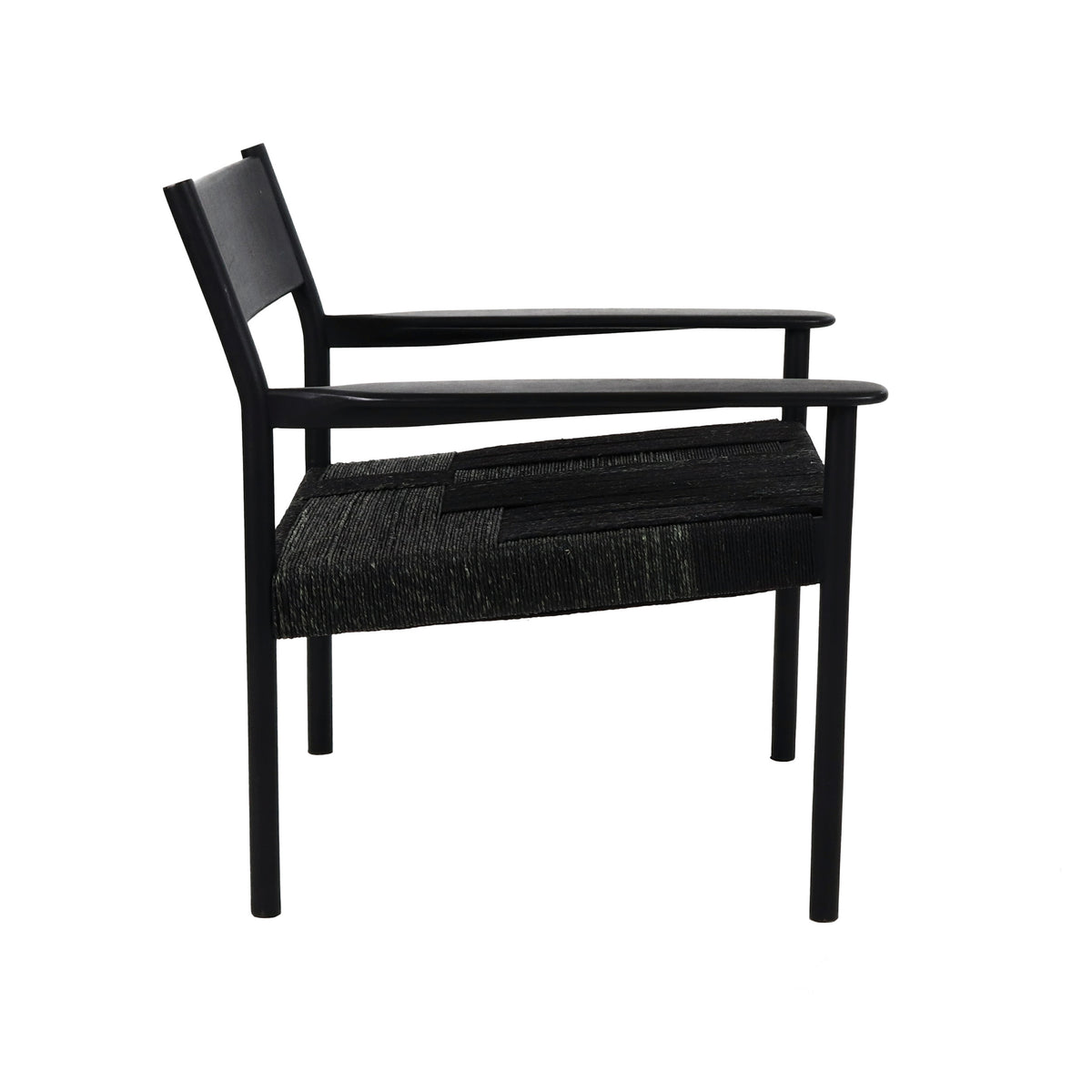 Black woven cord lounge chair, side profile view