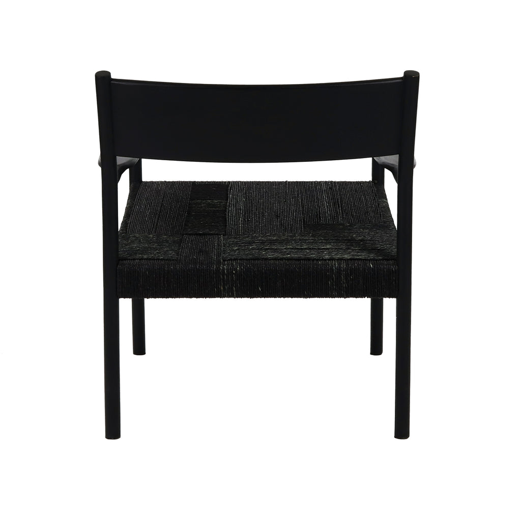 Black woven cord lounge chair, straight-on back view