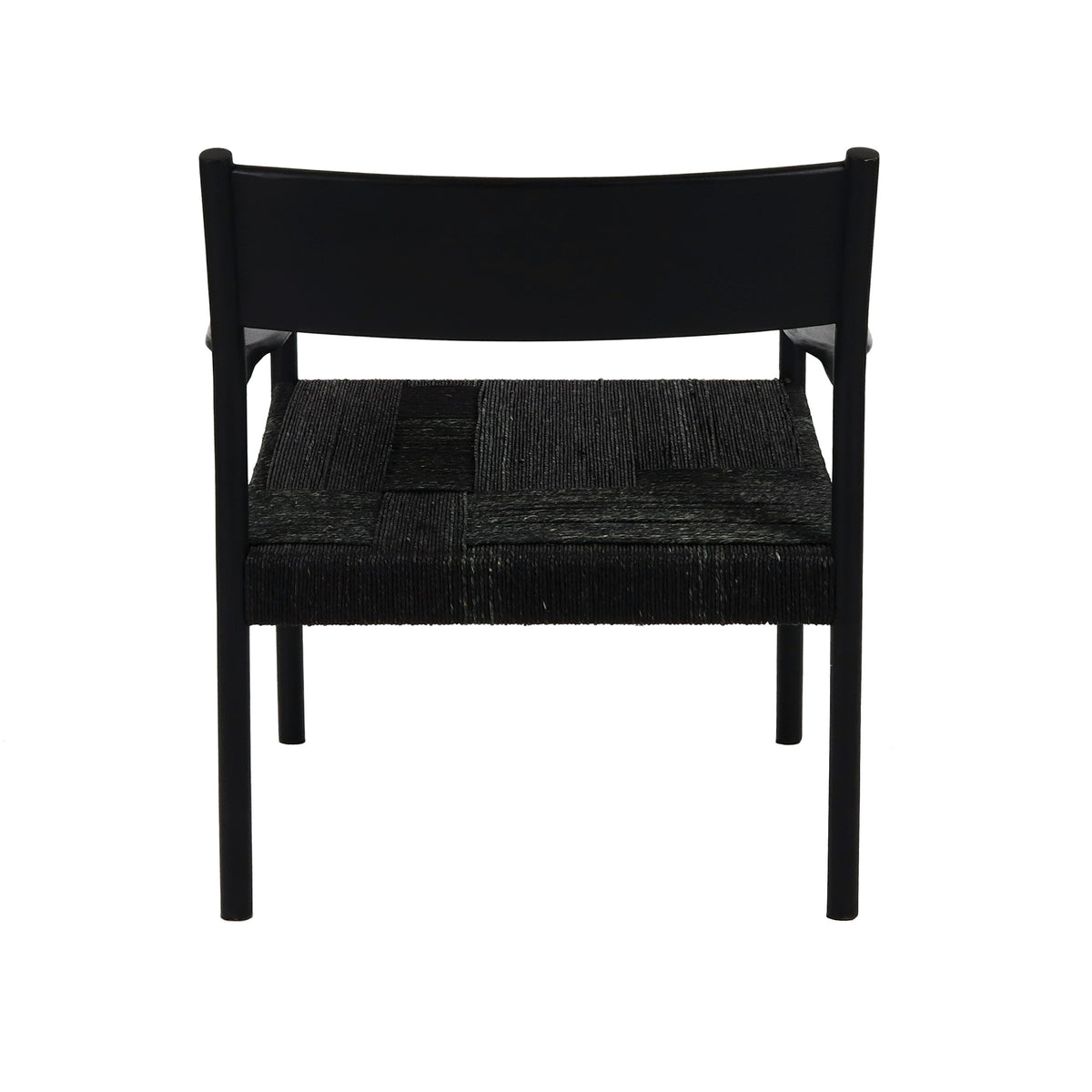Black woven cord lounge chair, straight-on back view