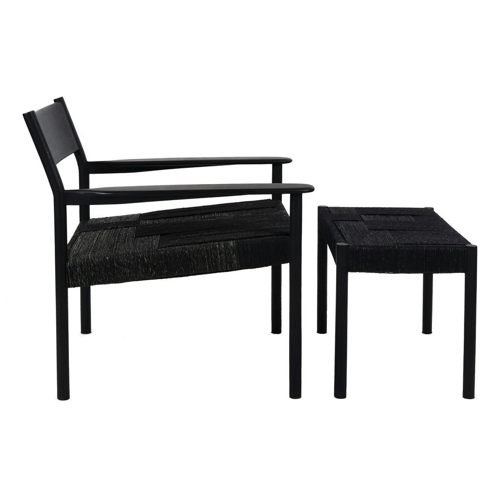 Black woven cord lounge chair paired with matching woven stool
