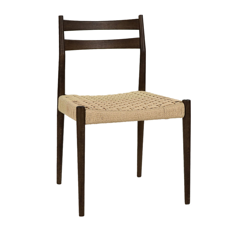 Walnut-colored ladder-back dining chair with natural woven cord seat, front three-quarter view
