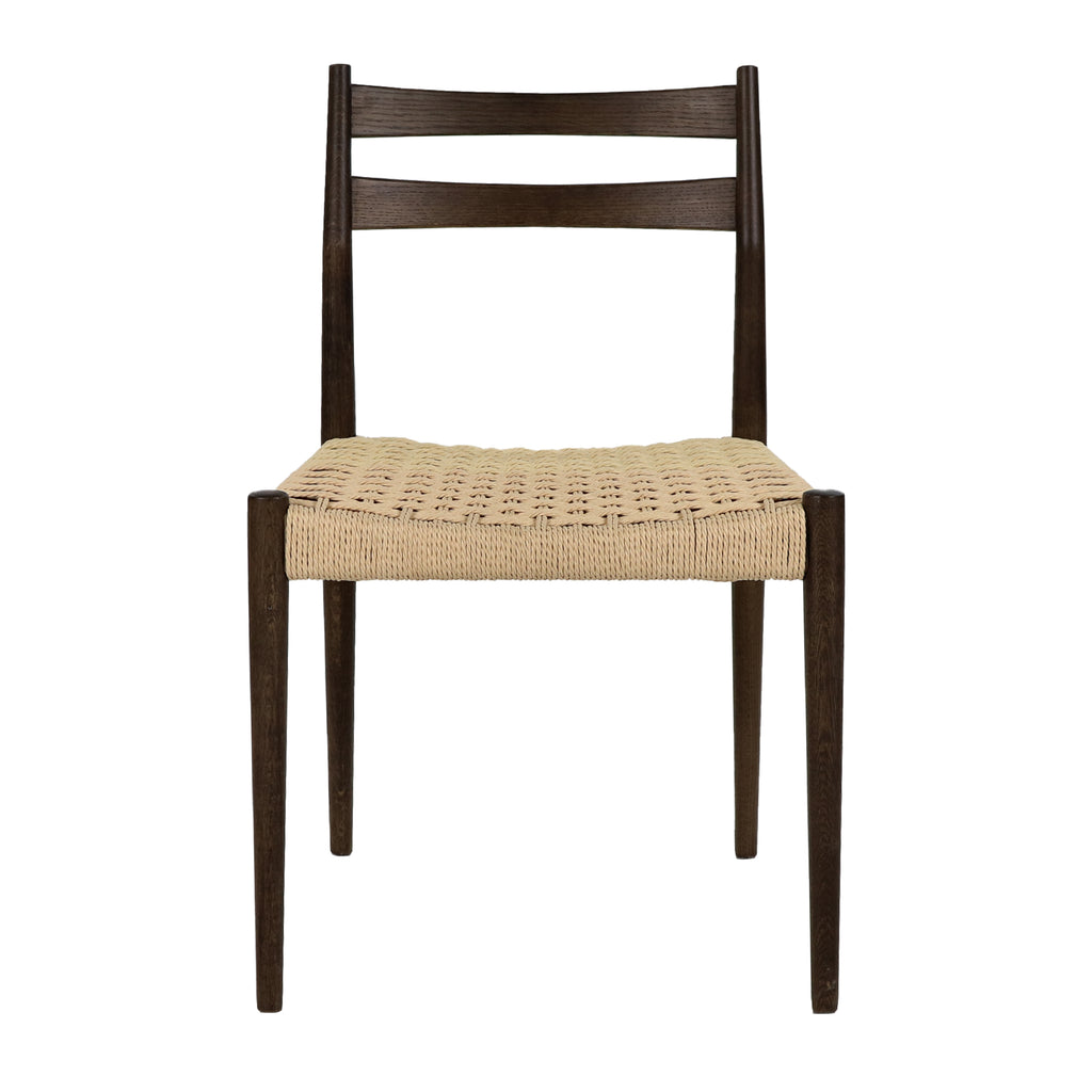 Walnut-colored ladder-back dining chair with natural woven cord seat, straight-on front view