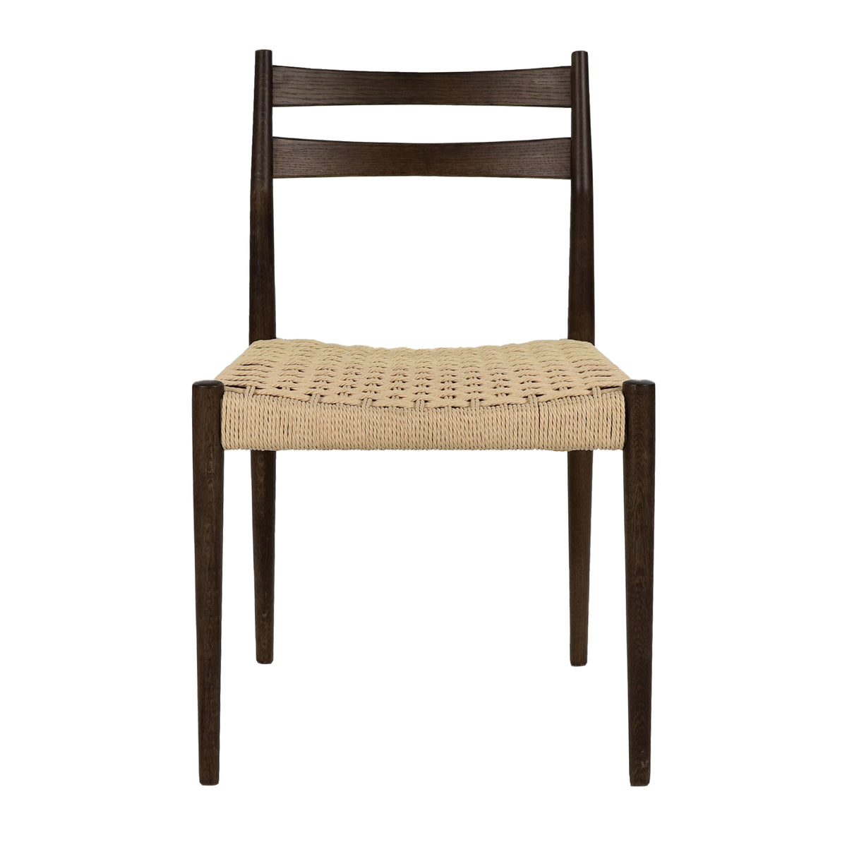 Walnut-colored ladder-back dining chair with natural woven cord seat, straight-on front view