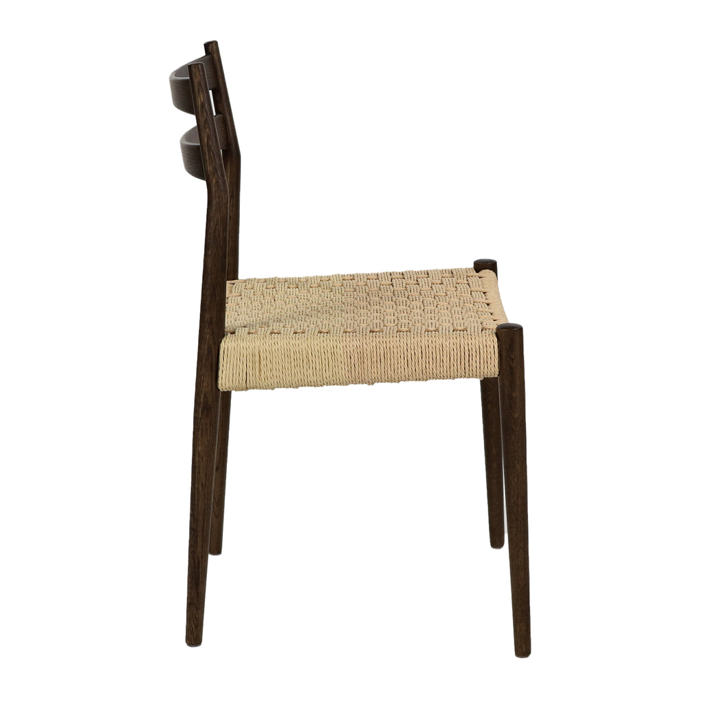Walnut-colored ladder-back dining chair with natural woven cord seat, side profile view