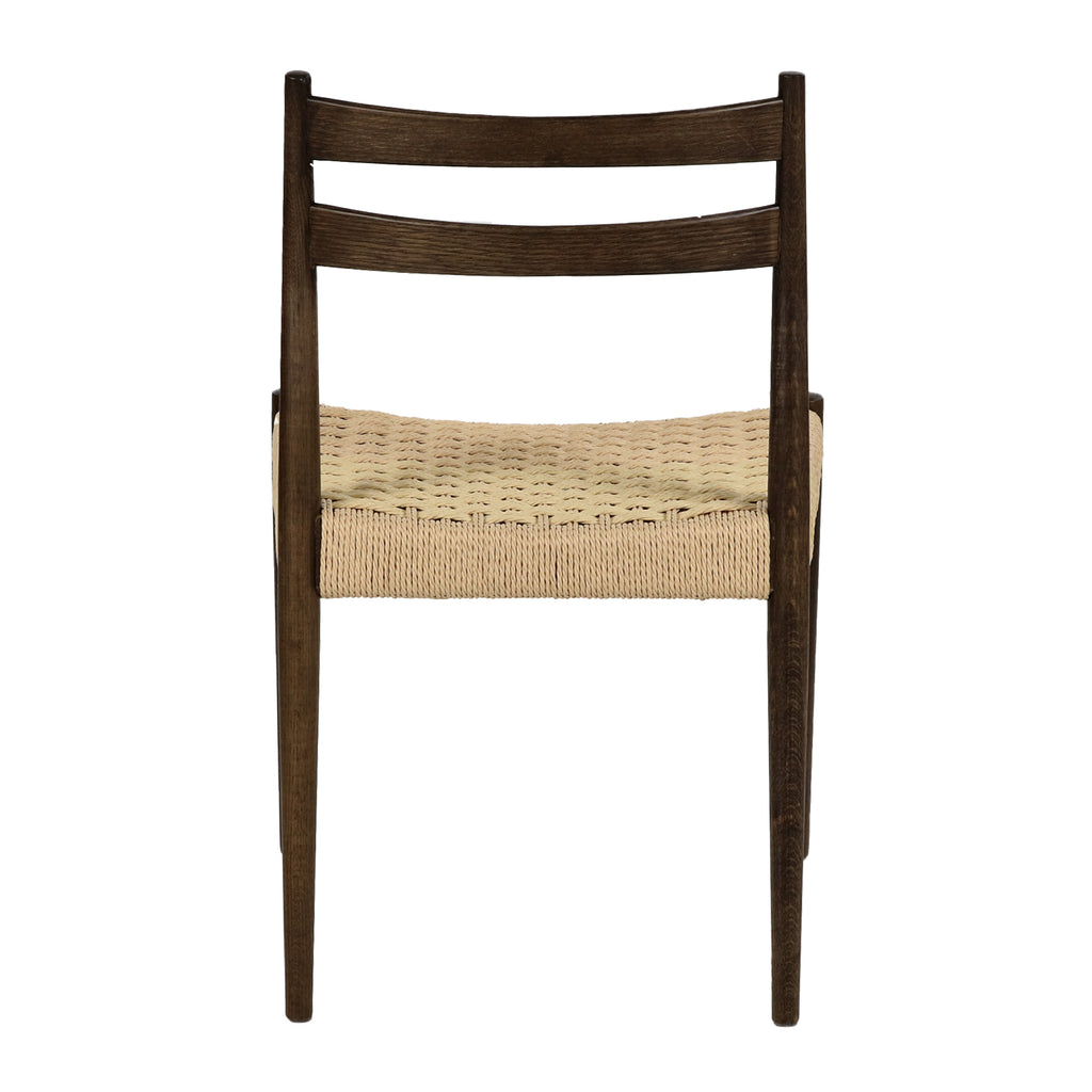 Walnut-colored ladder-back dining chair with natural woven cord seat, straight-on back view
