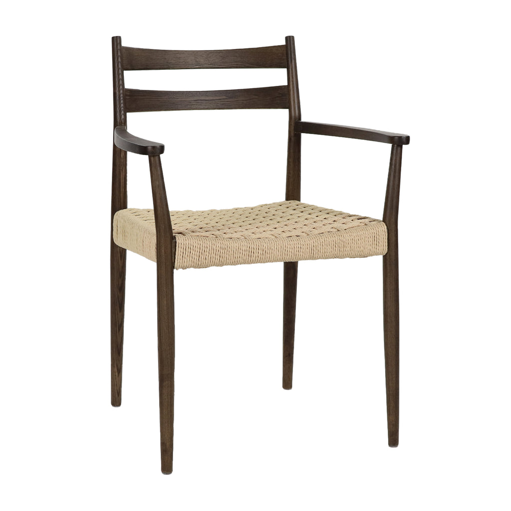 Walnut-colored dining chair with armrests and natural woven cord seat, front three-quarter view