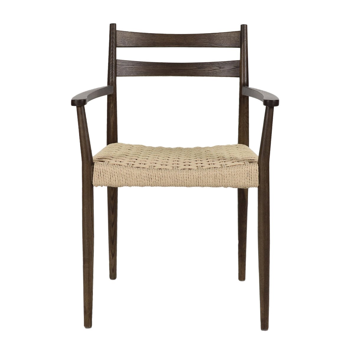 Walnut-colored dining chair with armrests and natural woven cord seat, straight-on front view