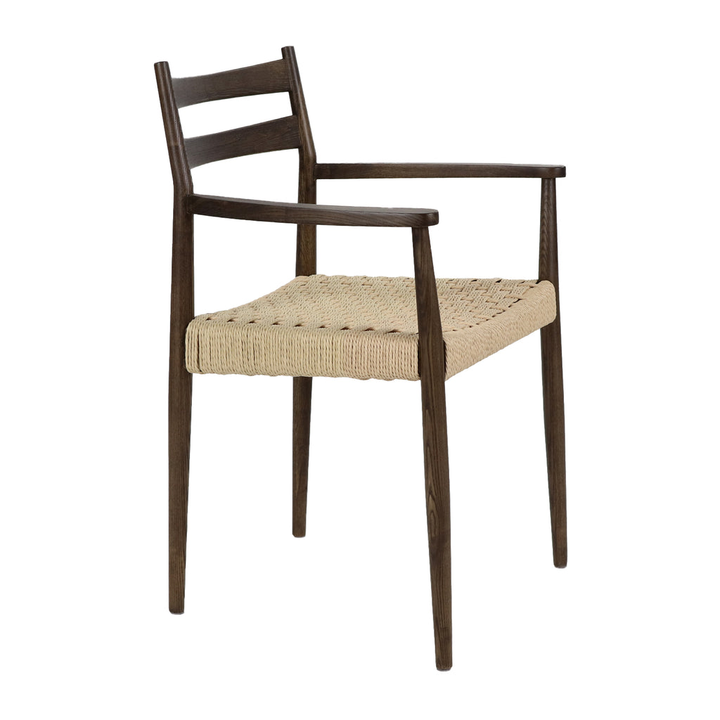 Walnut-colored dining chair with armrests and natural woven cord seat, side profile view