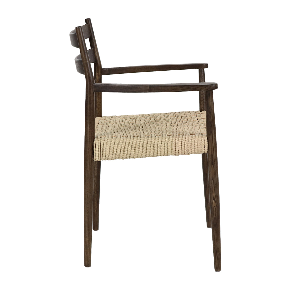 Walnut-colored dining chair with armrests and natural woven cord seat, back view