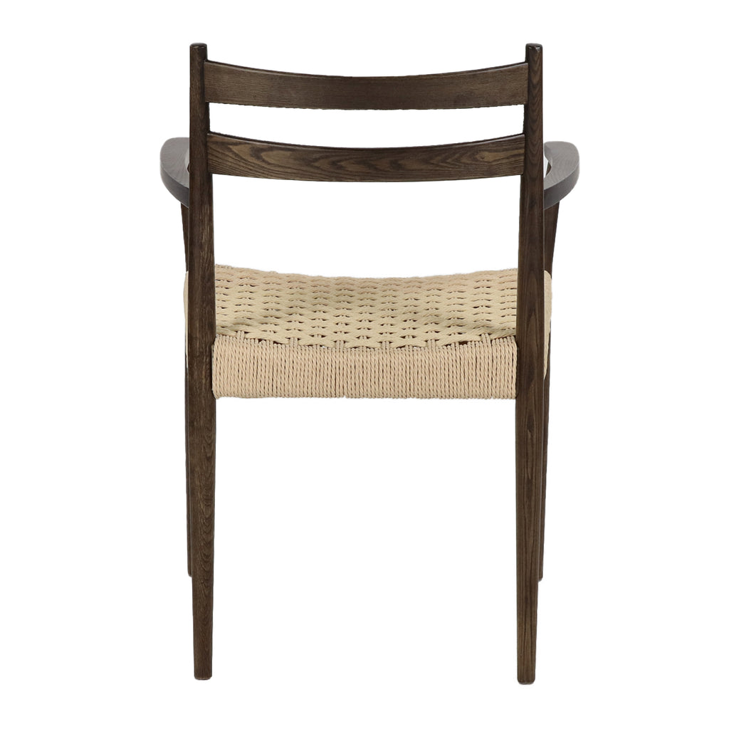 Walnut-colored dining chair with armrests and natural woven cord seat, back view close-up