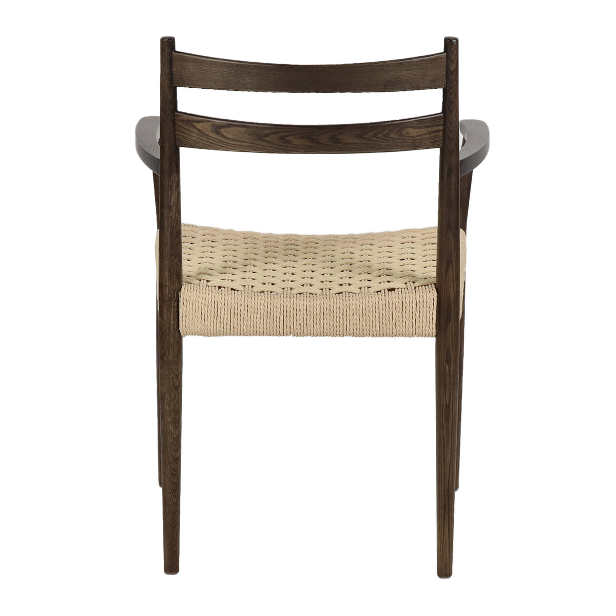 Walnut-colored dining chair with armrests and natural woven cord seat, back view close-up