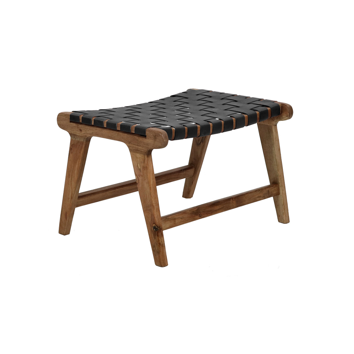 Black woven buffalo leather footstool with natural acacia wood A-frame legs