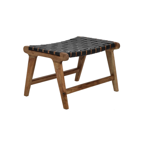 Black woven buffalo leather footstool with natural acacia wood A-frame legs