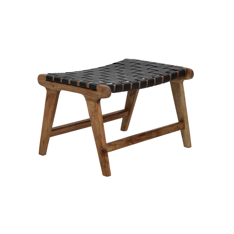 Black woven buffalo leather footstool with natural acacia wood A-frame legs