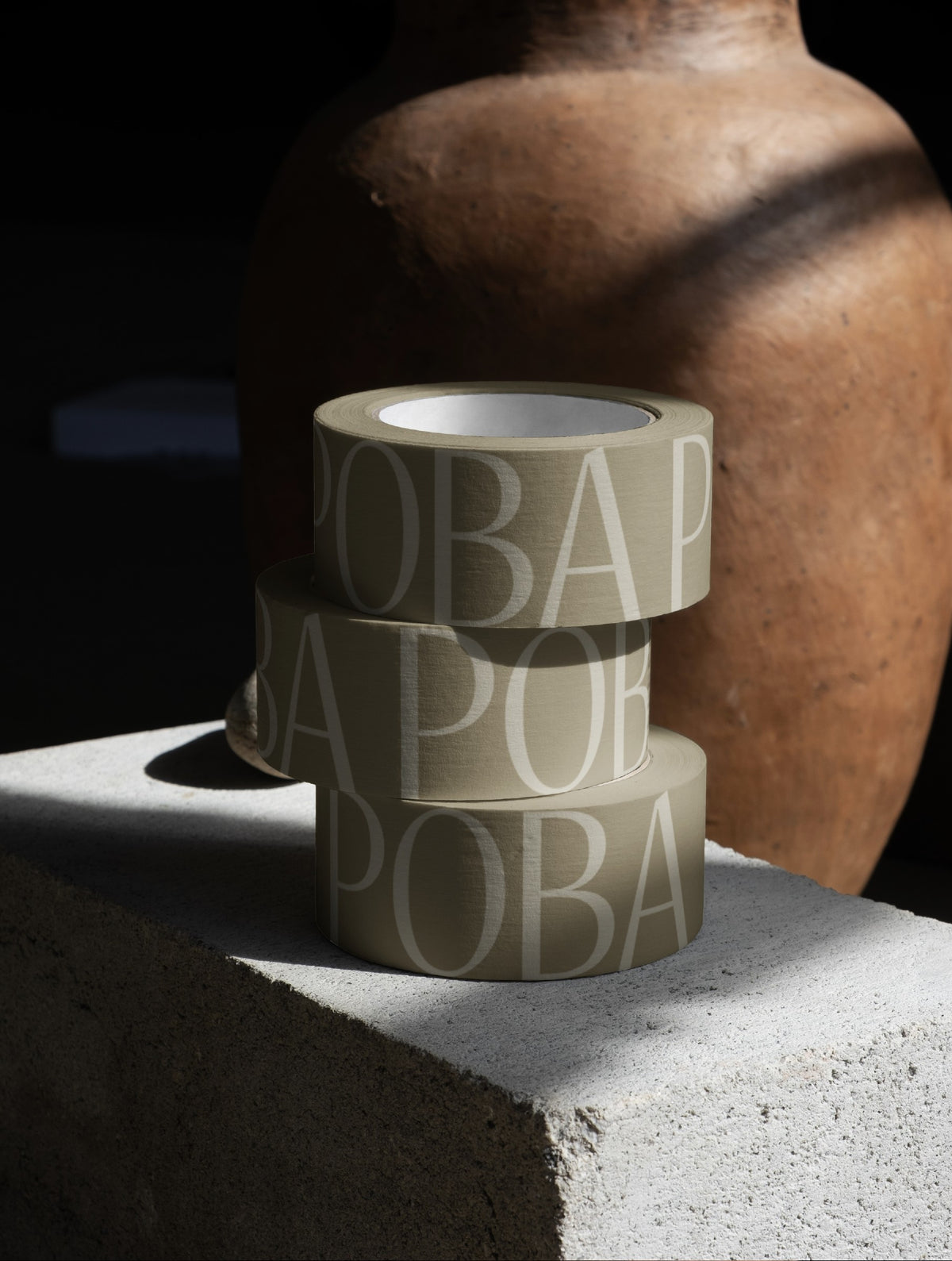 POBA packing tape on a terracotta vase