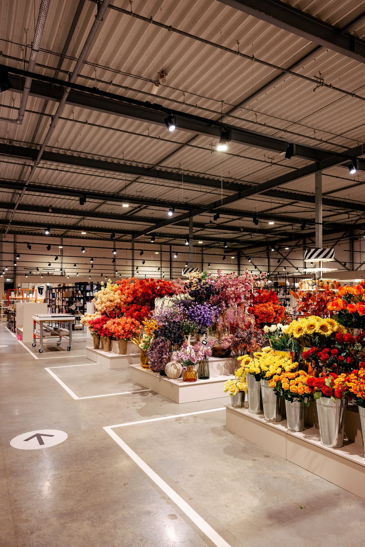 Flower market with floor lines marking the zones